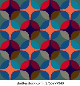 Seamless vector geometric abstract 
 retro pattern. An ornament of multi-colored circles and sters of  saturated contrasting natural tones.