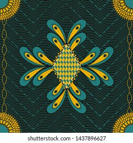 Seamless Vector Geometric African Luxury Ankara Style Pattern With Peacock Feathers, Stylised Flowers, Chains, Diamonds, Wavy And Zig Zag Lines. Bold Colors - Emerald Green, Mustard Yellow And Black.