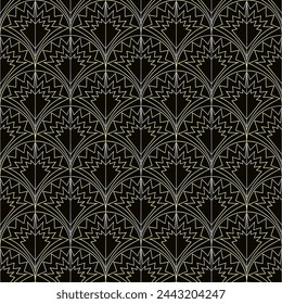 Seamless vector geometric art deco pattern with arches and gradients on a dark brown background. Suitable for interior, wallpaper, fabrics, clothing, stationery.