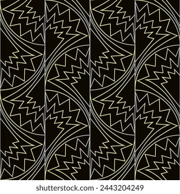 Seamless vector geometric art deco pattern with arches and gradients on a dark brown background. Suitable for interior, wallpaper, fabrics, clothing, stationery.