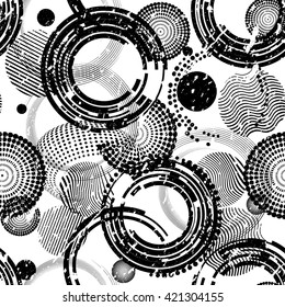 Seamless vector geometric background. Abstract creative circle monochrome pattern. Black and white grunge texture