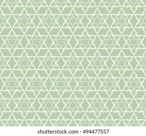 Seamless vector geometric background in arabian style. Islamic pattern, ethnic ornament. Endless hexagonal texture for wallpaper, banners, invitation cards. Green and white graphic lace background