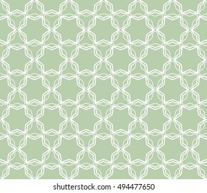 Seamless vector geometric background in arabian style. Islamic pattern, ethnic ornament. Endless hexagonal texture for wallpaper, banners, invitation cards. Green and white graphic lace background