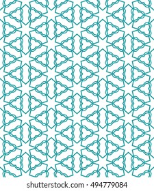 Seamless vector geometric background in arabian style. Islamic pattern, ethnic ornament. Endless hexagonal texture for wallpaper, banners, invitation cards. Green and white graphic lace background