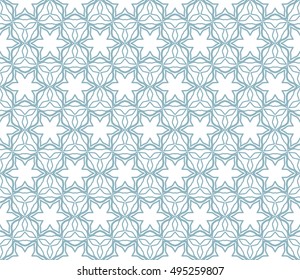 Seamless vector geometric background in arabian style. Islamic pattern, ethnic ornament. Endless hexagonal texture for wallpaper, banners, invitation cards. Blue and white graphic lace background