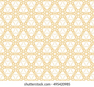 Seamless vector geometric background in arabian style. Islamic pattern, ethnic ornament. Endless hexagonal texture for wallpaper, banners, invitation cards. Yellow and white graphic lace background