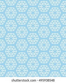 Seamless vector geometric background in arabian style. Islamic pattern, ethnic ornament. Endless hexagonal texture for wallpaper, banners, invitation cards. Blue and white graphic lace background