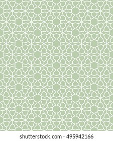 Seamless vector geometric background in arabian style. Islamic pattern, ethnic ornament. Endless hexagonal texture for wallpaper, banners, invitation cards. Green and white graphic lace background