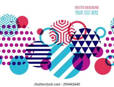 Seamless vector geometric background with place for text. Abstract creative concept for flyer, invitation, greeting card, poster design. Circle multicolor overlapping pattern. 