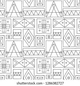 Seamless vector geometric doodle black white pattern hand drawn etnic small simple little elements geometric abstract etnic design, drawing repeating illustration Back ground Doddle etno style