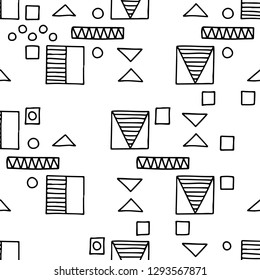 Seamless vector geometric doodle black white pattern hand drawn etnic small simple little doodle elements geometric abstract design Triangle, rectangle, rhombus square circle dots, lines Back ground 