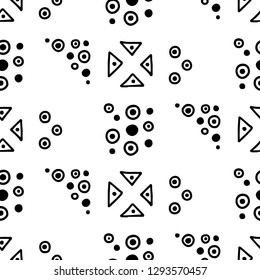 Seamless vector geometric doodle black white pattern hand drawn small little doodle elements, dots, triangle geometric abstract design, drawing repeating illustration Back ground Doddle vector pattern