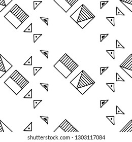 Seamless vector geometric doodle black white pattern hand drawn etnic small simple little doodle elements geometric abstract design Triangle, rectangle, rhombus square circle dots, lines Back ground 
