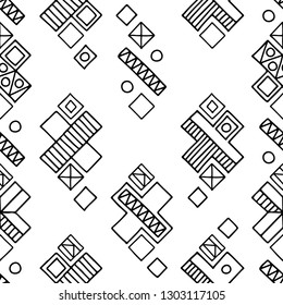 Seamless vector geometric doodle black white pattern hand drawn etnic small simple little doodle elements geometric abstract design Triangle, rectangle, rhombus square circle dots, lines Back ground 