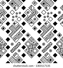 Seamless vector geometric doodle black white pattern hand drawn small little doodle elements, rhombus, dots geometric abstract design, drawing repeating illustration Back ground Doddle vector pattern 