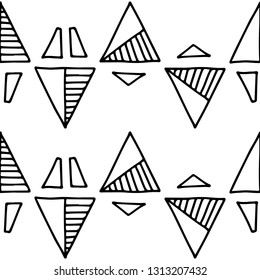 Seamless vector geometric doodle black white pattern hand drawn small little doodle elements, triangle. geometric abstract design, drawing repeating illustration Back ground Doddle vector pattern 