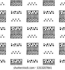 Seamless vector geometric doodle black white pattern hand drawn  small little doodle elements, drop, bubble geometric abstract design, drawing repeating illustration Back ground Doddle vector pattern