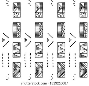 Seamless vector geometric doodle black white pattern hand drawn etnic small  little doodle elements geometric abstract etnic design, drawing repeating illustration Back ground Doddle pattern vector
