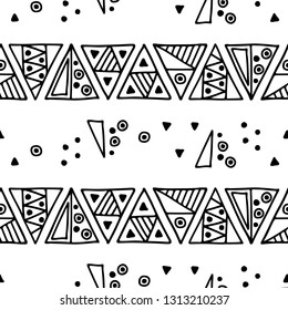 Seamless vector geometric doodle black white pattern hand drawn etnic small  little doodle elements geometric abstract etnic design, drawing repeating illustration Back ground Doddle pattern vector