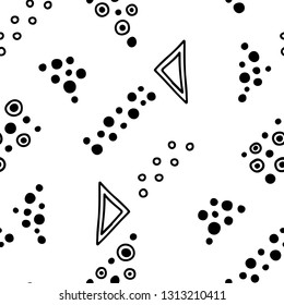 Seamless vector geometric doodle black white pattern hand drawn etnic small  little doodle elements geometric abstract etnic design, drawing repeating illustration Back ground Doddle pattern vector