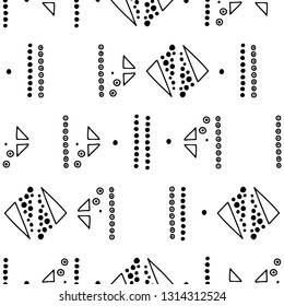 Seamless vector geometric doodle black white pattern hand drawn etnic small simple little doodle elements geometric abstract etnic design, drawing repeating illustration Back ground Doddle etno style