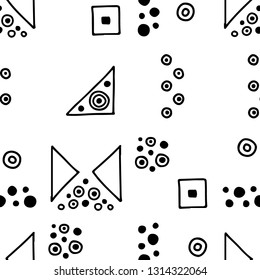 Seamless vector geometric doodle black white pattern hand drawn etnic small simple little doodle elements geometric abstract etnic design, drawing repeating illustration Back ground Doddle etno style