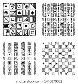 Seamless vector geometric doodle black white pattern hand drawn etnic small simple little doodle elements geometric abstract etnic design, drawing repeating illustration Back ground Doddle etno style