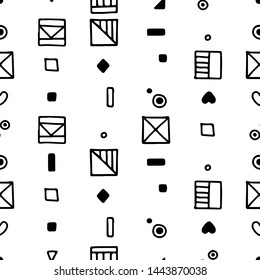 Seamless vector geometric doodle black white pattern hand drawn etnic small simple little doodle elements geometric abstract etnic design, drawing repeating illustration Back ground Doddle etno style