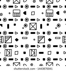 Seamless vector geometric doodle black white pattern hand drawn etnic small simple little doodle elements geometric abstract etnic design, drawing repeating illustration Back ground Doddle etno style