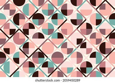 Seamless vector with geometric elements.
Mid-century geometric abstract pattern with simple shapes and beautiful color palette. 
Retro design with circles, triangles and squares in pastel colors.