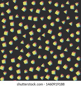 Seamless vector geometric figures pattern. 10 eps memphis background with chaotic rounds, squares and triangles. For design, fabric, textile, cover.