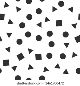 Seamless vector geometric figures pattern. 10 eps memphis background with chaotic rounds, squares and triangles. For design, fabric, textile, cover.
