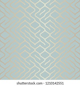 Seamless vector geometric golden element pattern. Abstract background copper line texture on blue green. Simple minimalistic graphic print. Modern turquoise trellis grid. Trendy wrapping paper design