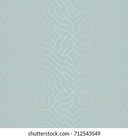 Seamless vector geometric golden line pattern. Abstract background copper texture on blue green. Simple minimalistic graphic print. Modern turquoise trellis grid. Trendy hipster sacred geometry.