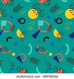 Seamless vector geometric memphis 80 s style background. Abstract creative pattern for flyer, invitation, greeting card, poster design. Circle, lines, arrows,triangle multicolor vector.