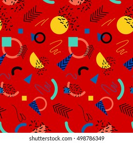 Seamless vector geometric memphis 80 s style background. Abstract creative pattern for flyer, invitation, greeting card, poster design. Circle, lines, arrows,triangle multicolor vector.