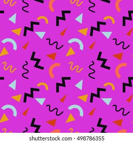 Seamless vector geometric memphis 80 s style background. Abstract creative pattern for flyer, invitation, greeting card, poster design. Circle, lines, zig-zags,triangle multicolor vector.