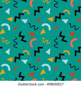 Seamless vector geometric memphis 80's style background. Abstract creative pattern for flyer, invitation, greeting card, poster design. Circle, lines, zig-zags,triangle multicolor vector.