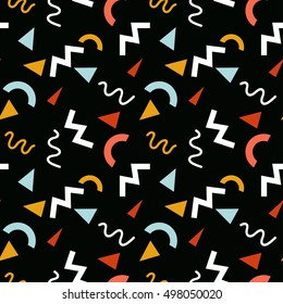 Seamless vector geometric memphis 80's style background. Abstract creative pattern for flyer, invitation, greeting card, poster design. Circle, lines, zig-zags,triangle multicolor vector.