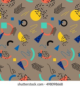 Seamless vector geometric memphis 80's style background. Abstract creative pattern for flyer, invitation, greeting card, poster design. Circle, lines, arrows,triangle multicolor vector.