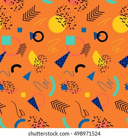 Seamless vector geometric memphis 80's style background. Abstract creative pattern for flyer, invitation, greeting card, poster design. Circle, lines, arrows,triangle multicolor vector.