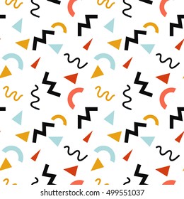 Seamless vector geometric memphis 80's style background. Abstract creative pattern for flyer, invitation, greeting card, poster design. Circle, lines, zig-zags,triangle multicolor vector.