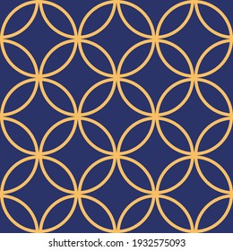 Seamless vector with the geometric ornament of yellow regular circles on blue background. Good print for wrapping paper, packaging design, wallpaper, ceramic tiles, and textile 