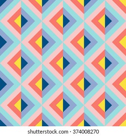 Seamless vector geometric pattern background. Square diamonds, consisting of colored stripes - snorkel blue, serenity, limpet shell, rose quartz, peach echo and buttercup.