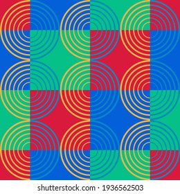 Seamless vector geometric pattern with concentric circles on bright background with colorful squares. Good print for wrapping paper, packaging design, wallpaper, ceramic tiles, and textile.