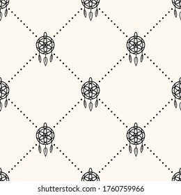 Seamless vector geometric pattern with dream catchers and polka dot. Simple minimalistic pattern in north american indian ethnic style with tribal archery. Boho kid background.