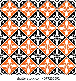 Seamless vector geometric pattern with flowers. Black and red background with decorative ornament . Series of Decorative and Ornamental Seamless Patterns.