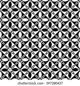 Seamless vector geometric pattern with flowers. Black and white background with decorative ornament . Series of Decorative and Ornamental Seamless Patterns.