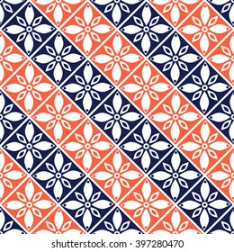 Seamless vector geometric pattern with flowers. Blue and red background with decorative ornament . Series of Decorative and Ornamental Seamless Patterns.