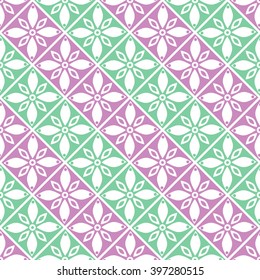 Seamless vector geometric pattern with flowers. Green and pink background with decorative ornament . Series of Decorative and Ornamental Seamless Patterns.